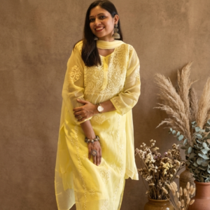 3 Pc Kurti Set - Yellow, Kota Doria