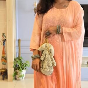3 Pc Kurti Set - Peach, Chanderi