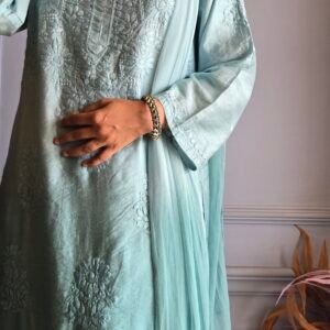 3 Pc Kurti Set - Blue, Chanderi