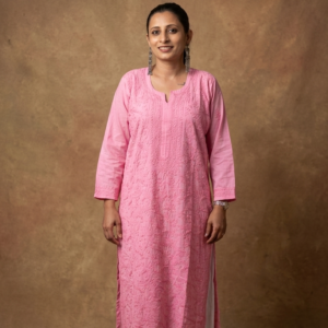 Long Pink Mul Cotton Full Jaal Kurti