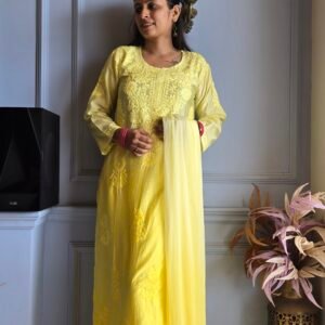 3 Pc Kurti Set - Yellow, Chanderi
