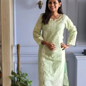 Long Mul Chanderi Kurti Lime Green