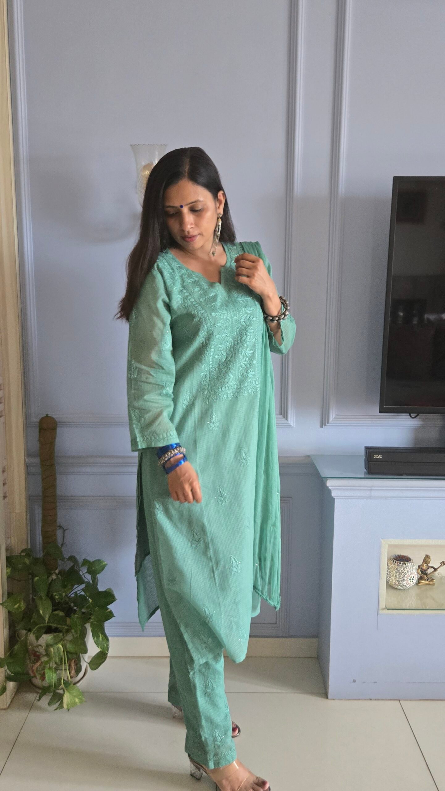 Kurti Set Kota Doria 3pc Mint Green