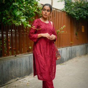 Kurti Set Chanderi 2pc (Maroon)