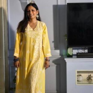 Long Chikankari Angarakha Kurta (Yellow)