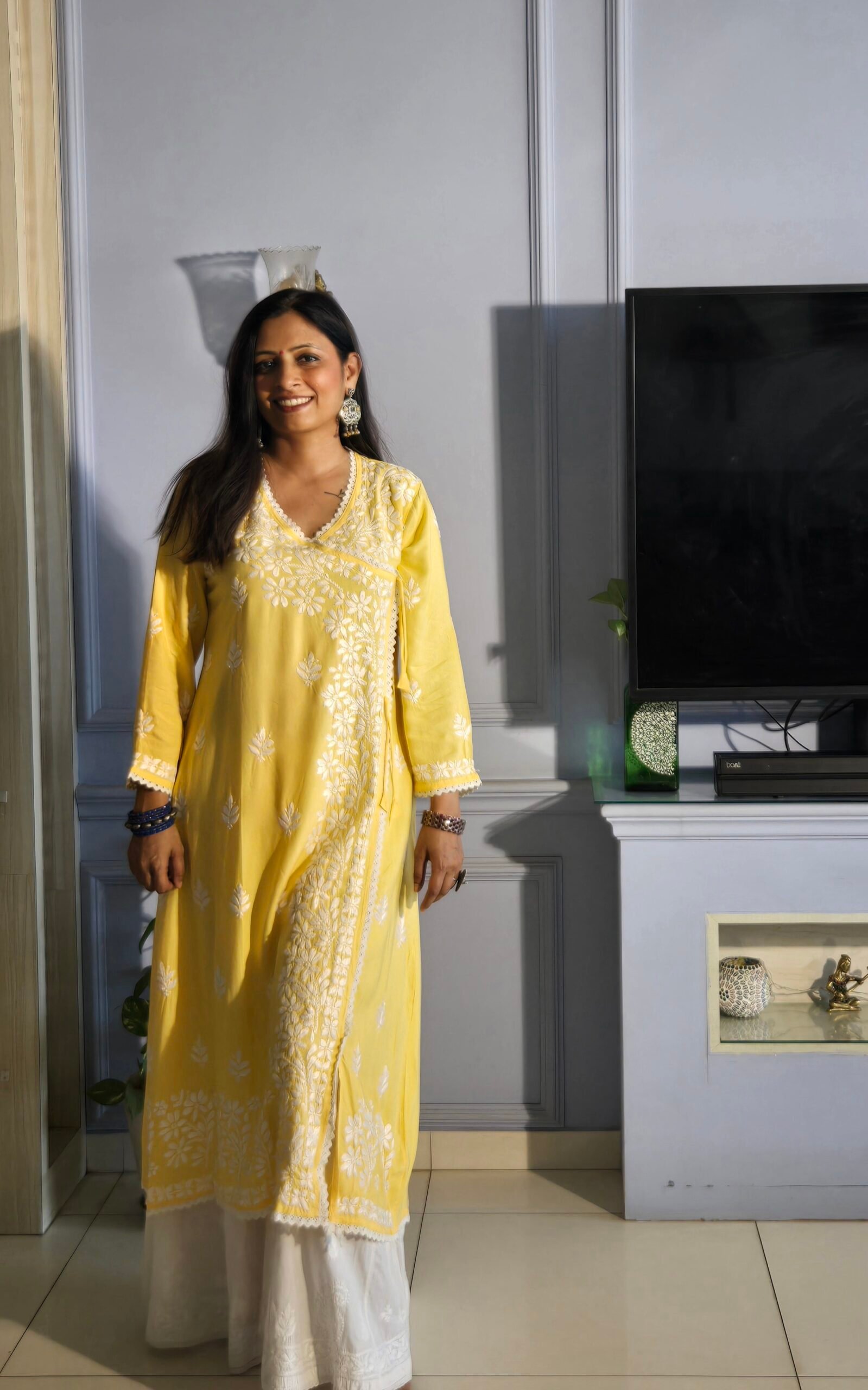 Long Chikankari Angarakha Kurta (Yellow)