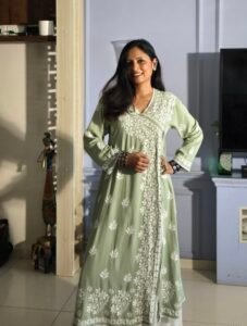 Long Chikankari Angarakha Kurta (Pista Green)