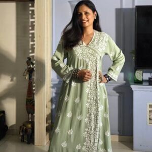 Long Chikankari Angarakha Kurta (Pista Green)