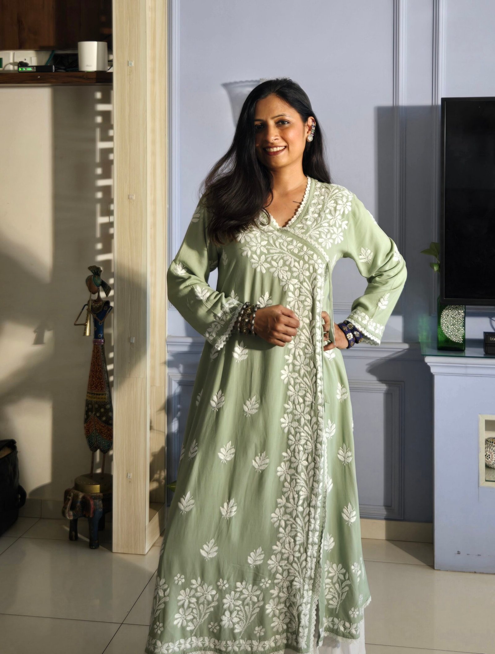 Long Chikankari Angarakha Kurta (Pista Green)