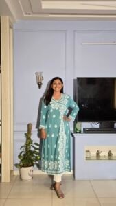 Long Chikankari Angarakha Kurta (Rama Green)