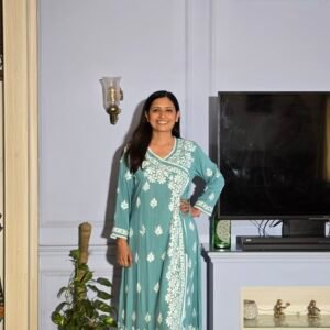 Long Chikankari Angarakha Kurta (Rama Green)