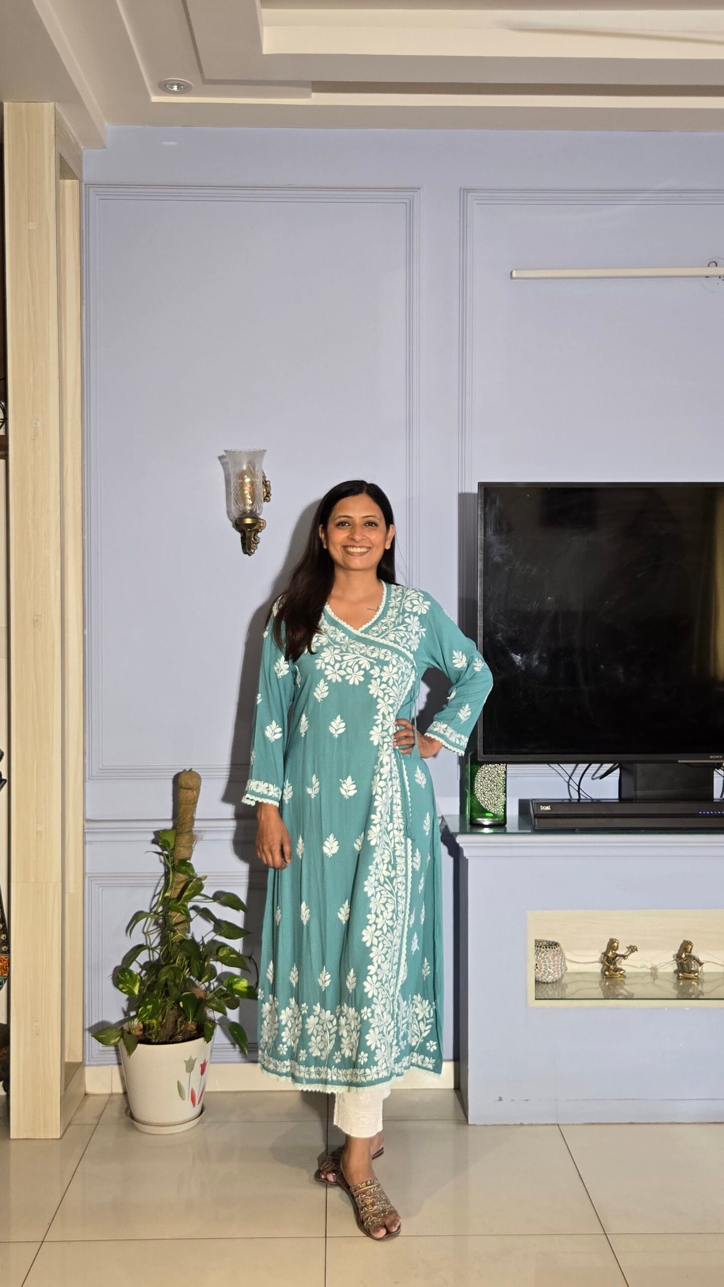 Long Chikankari Angarakha Kurta (Rama Green)